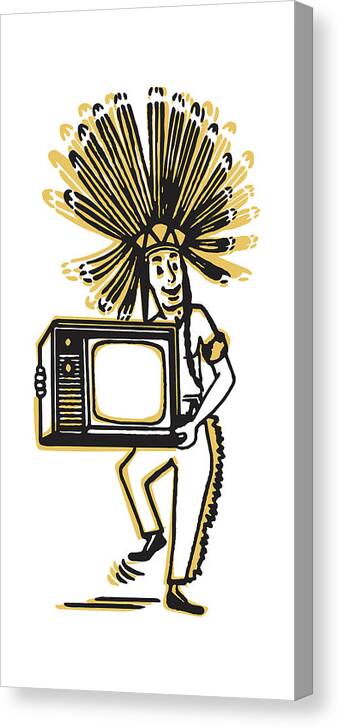 American Canvas Print featuring the drawing Native American Man with Television by CSA Images