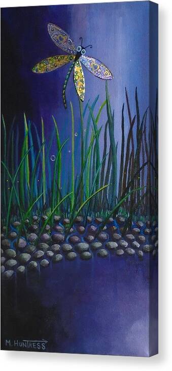 Dragonfly Canvas Print featuring the painting Dragonfly at the Bay II by Mindy Huntress