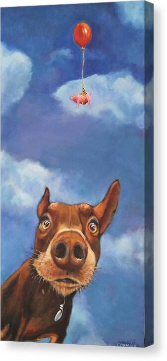 Doberman Canvas Print featuring the painting How The Pig Really Learned To Fly by Jean Cormier