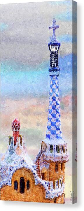 Park Guell Canvas Print featuring the photograph Park Guell tower painting- Gaudi by Weston Westmoreland