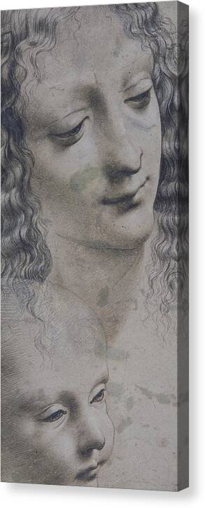 Virgin And Child Canvas Print featuring the drawing The head of a woman and the head of a baby by Leonardo Da Vinci