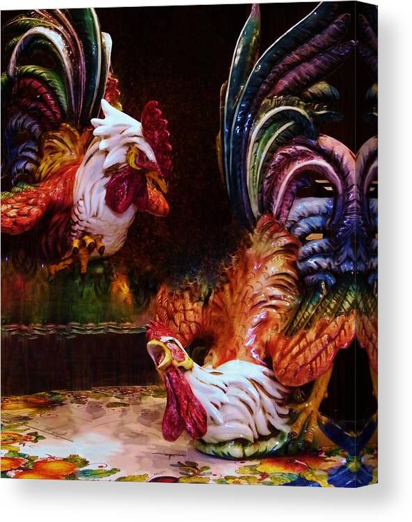 Roosters Canvas Print featuring the photograph Fighting Porcelain Roosters by Jan Moore
