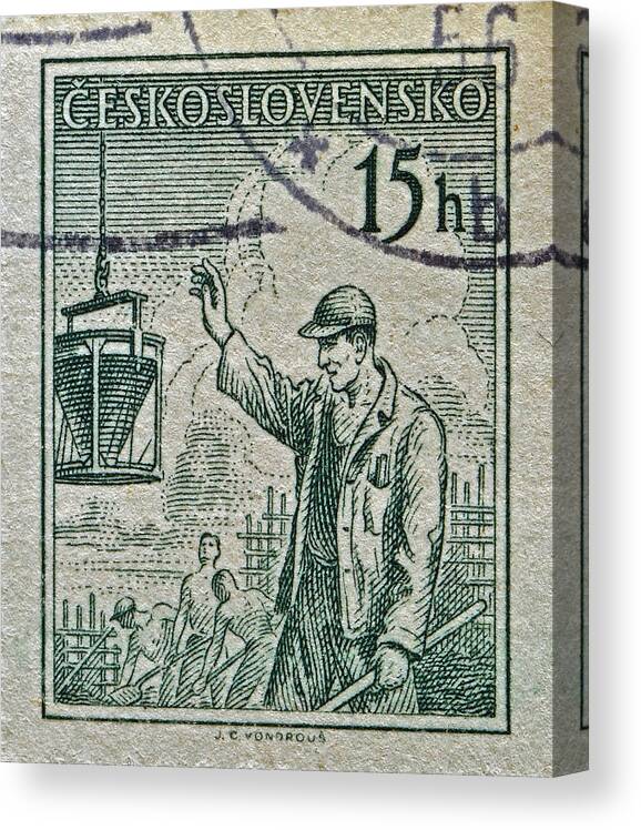1954 Canvas Print featuring the photograph 1954 Czechoslovakian Construction Worker Stamp by Bill Owen
