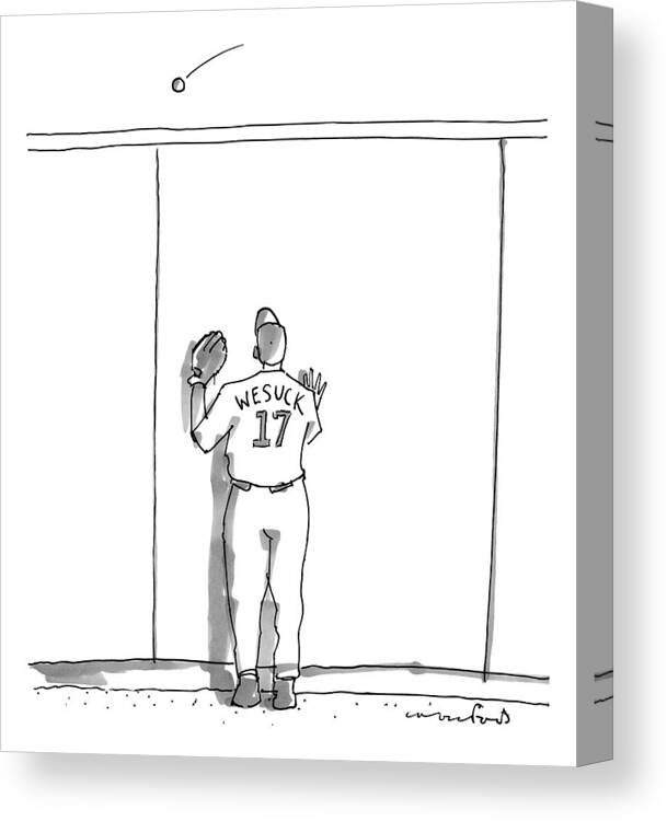 Baseball Canvas Print featuring the drawing A Baseball Player Watches A Ball Fly Over A Wall by Michael Crawford