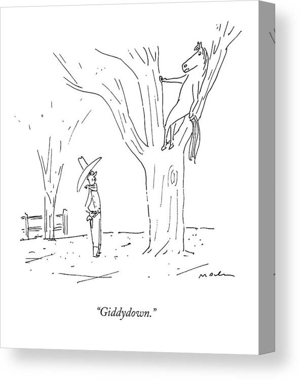 Horse Canvas Print featuring the drawing A Cowboy Talks To His Horse In A Tree by Michael Maslin