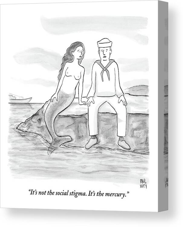 A Sailor Breaks Up With His Naked Mermaid Girlfriend. Mermaids Canvas Print featuring the drawing A Sailor Breaks Up With His Naked Mermaid by Paul Noth