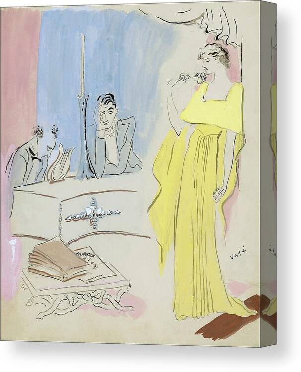 Music Canvas Print featuring the digital art A Woman Wearing A Maggy Rouff Gown Facing Two Men by Marcel Vertes