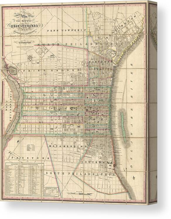 Philadelphia Canvas Print featuring the drawing Antique Map of Philadelphia by William Allen - 1830 by Blue Monocle