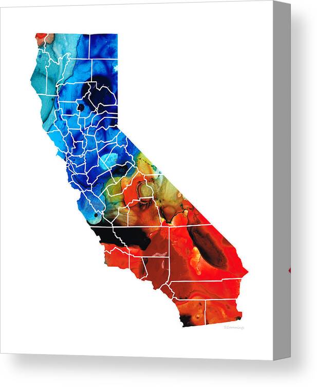 Maps Canvas Print featuring the painting California - Map Counties by Sharon Cummings by Sharon Cummings