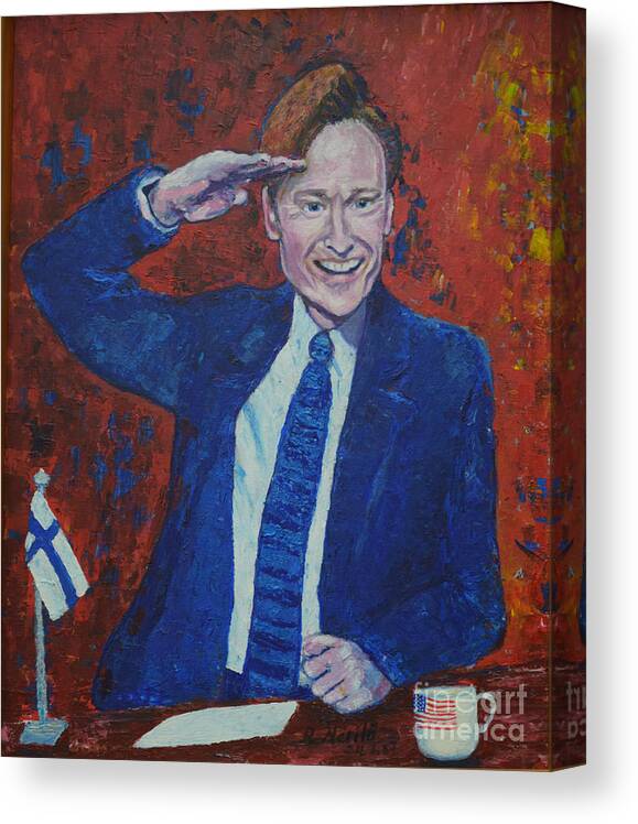 Conan O'brien Canvas Print featuring the painting Conan O'Brien Flagging Finland by Raija Merila