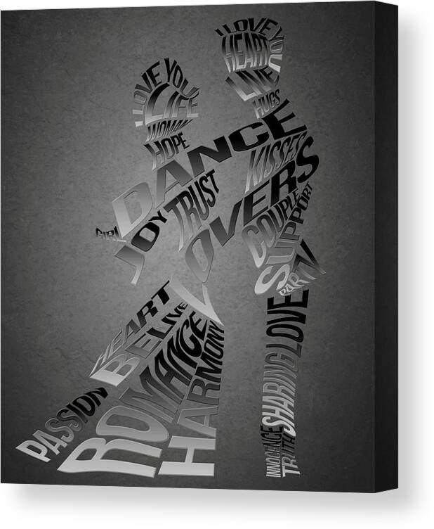 Couple Dancing Silhouettes Canvas Print featuring the painting Couple Dance Typography Silhouettes by Georgeta Blanaru
