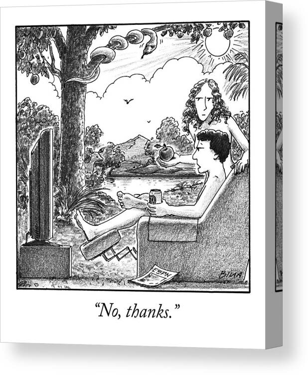 Ino Thanks.i Adam And Eve Canvas Print featuring the drawing Eve Offers Adam An Apple by Harry Bliss