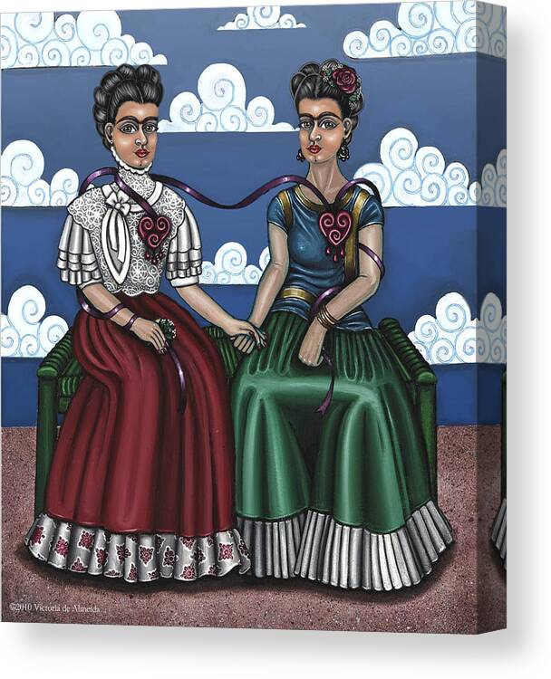 Hispanic Folk Art Canvas Print featuring the painting Frida Beside Myself by Victoria De Almeida
