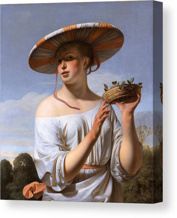 Caesar Van Everdingen Canvas Print featuring the painting Girl in a Large Hat by Caesar van Everdingen