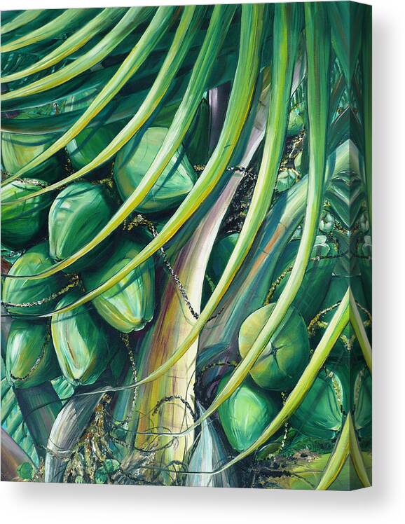  Coconut Painting Caribbean Painting Coconuts Caribbean Tropical Painting Palm Tree Painting  Green Botanical Painting Green Painting Canvas Print featuring the painting Green Coconuts 2 by Karin Dawn Kelshall- Best