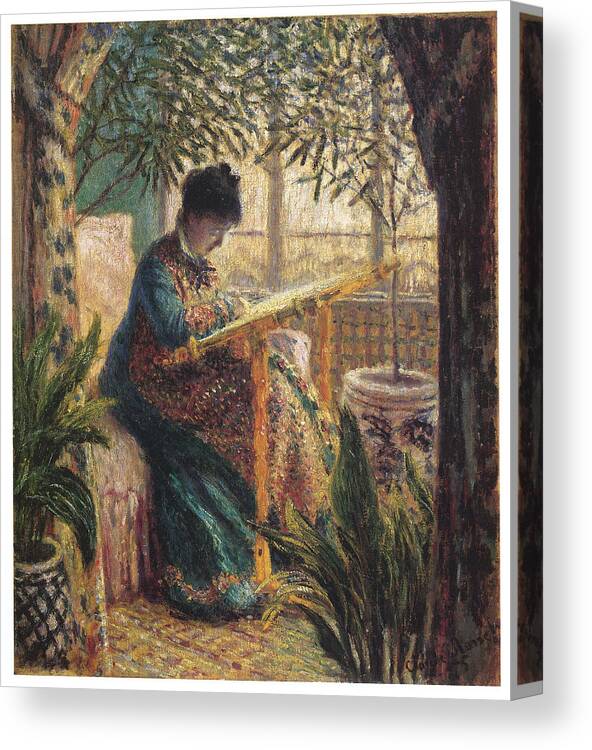 Claude Monet Canvas Print featuring the painting Madame Monet Embroidering by Claude Monet