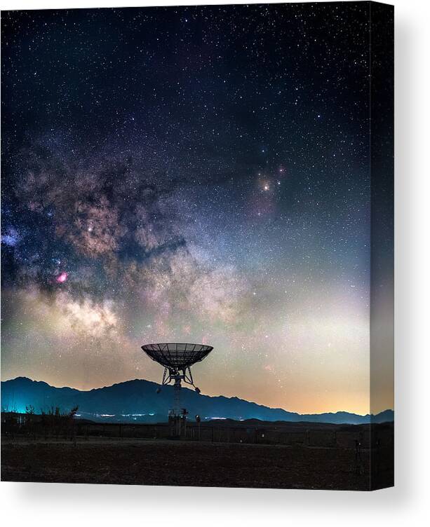 Tranquility Canvas Print featuring the photograph Milky way above radio telescope by Haitong Yu