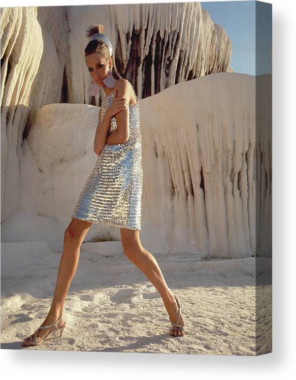 Fashion Canvas Print featuring the photograph Model Wearing A Silver Sequined Dress By Joan by Henry Clarke