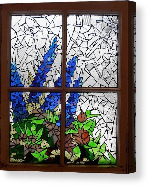 Window Canvas Print featuring the glass art Mosaic Stained Glass - Delphiniums in the window by Catherine Van Der Woerd
