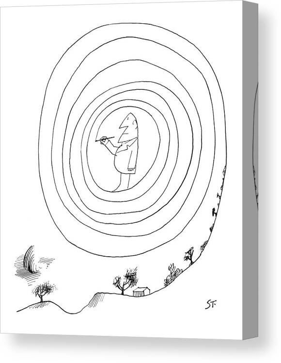Saul Steinberg 115531 Steinbergattny   (man Has Drawn Himself Inside Of A Swirl.) Art Artist Artistic Artwork Doodle Curve Swirl Center Outside Doodling Draw Drawing Drawn Himself Inside Intertwined Landscape Man Nature Outdoors Sketch Sketching Sstoon Swirl Together Canvas Print featuring the drawing New Yorker February 23rd, 1963 by Saul Steinberg