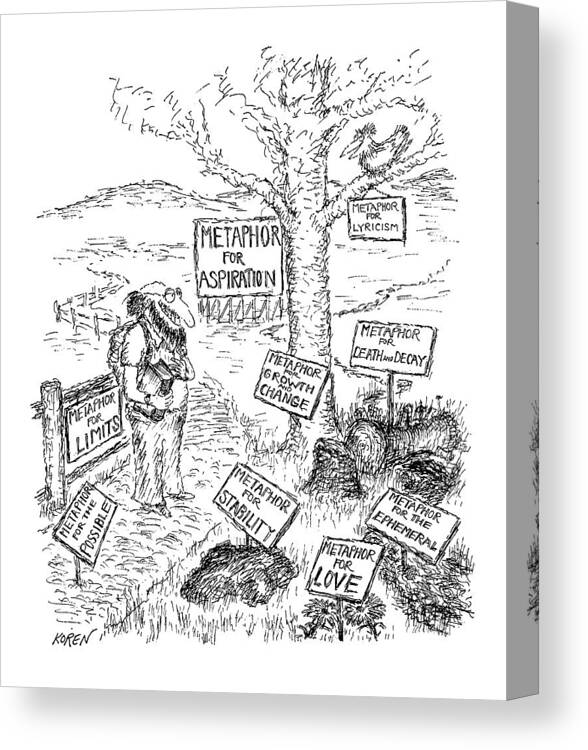 (poet In Countryside Sees Signs On Everything: Metaphor For Aspiration (tall Tree) Canvas Print featuring the drawing New Yorker October 8th, 1979 by Edward Koren
