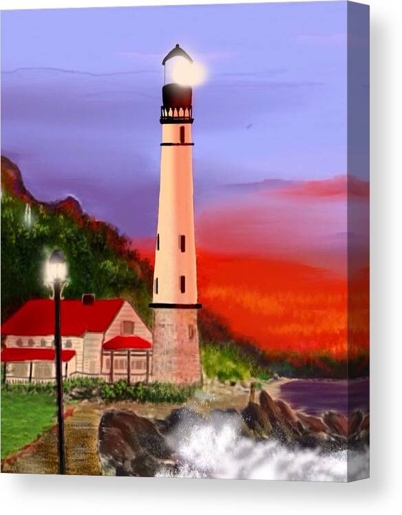 Lighthouse Canvas Print featuring the digital art Night Lights 2 by Anthony Fishburne