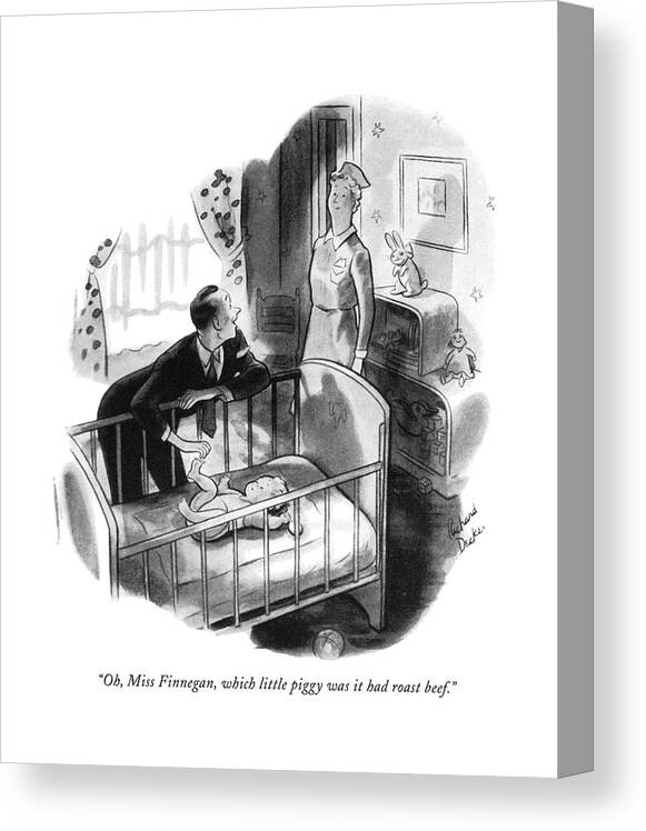 
 Father Playing With Baby Talking To Nurse. Children Characters Canvas Print featuring the drawing Oh, Miss Finnegan, Which Little Piggy by Richard Decker