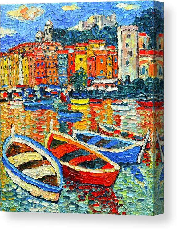 Portovenere Canvas Print featuring the painting Portovenere Harbor - Italy - Ligurian Riviera - Colorful Boats And Reflections by Ana Maria Edulescu