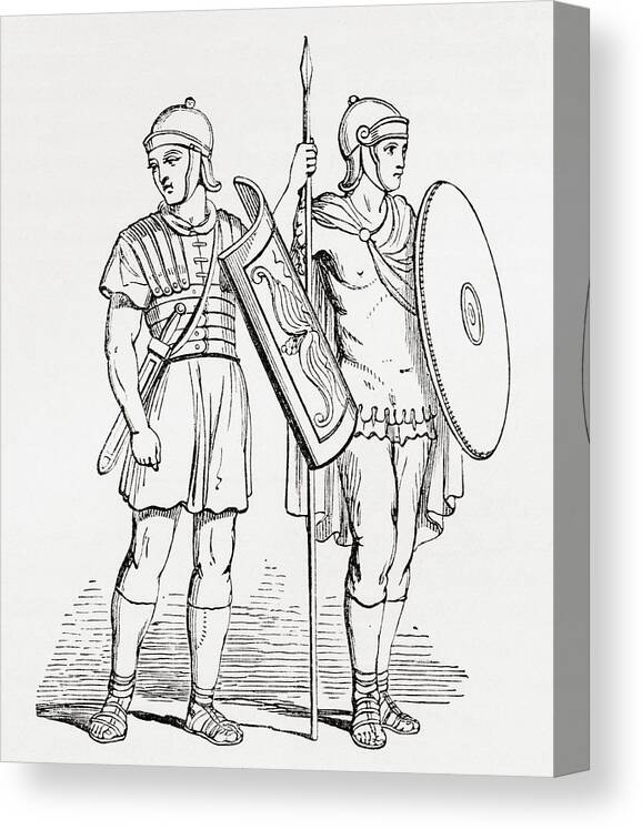 Roman Canvas Print featuring the photograph Roman Infantry Soldiers, After Figures On Trajans Column. From The Imperial Bible Dictionary by Bridgeman Images