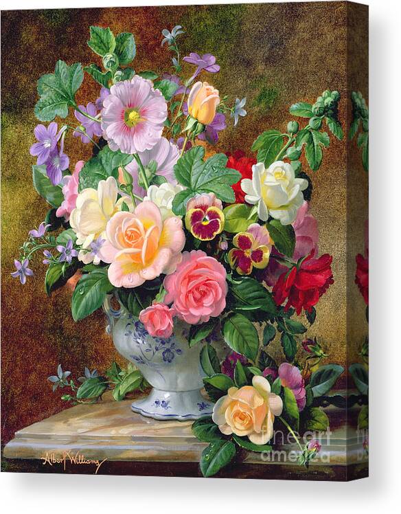 Still-life Canvas Print featuring the painting Roses pansies and other flowers in a vase by Albert Williams