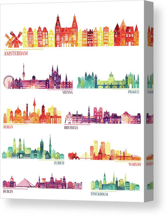 Dublin Canvas Print featuring the digital art Skyline Detailed Silhouette Set by Katerina andronchik Dublin Canvas Print featuring the digital art Skyline Detailed Silhouette Set by Katerina andronchik