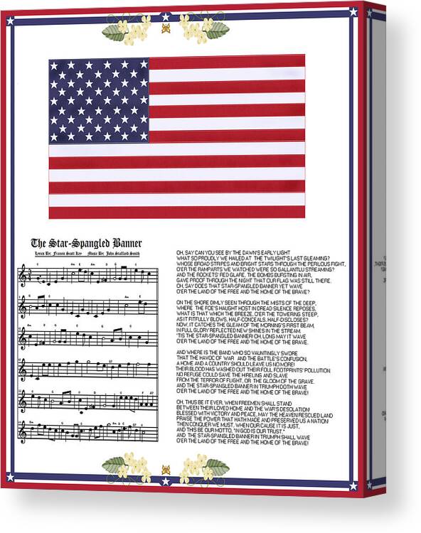 Star-spangled Banner Canvas Print featuring the painting Star Splangled Banner Music Lyrics and Flag by Anne Norskog
