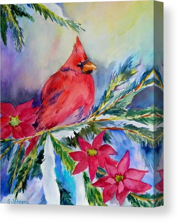 Winter Scene Canvas Print featuring the painting The Cardinal by Gloria Johnson