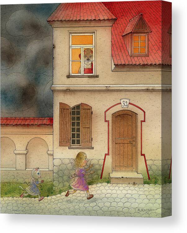 Cat Girl Fantasy Storm House Dog Red Black Street Thunderstorm Canvas Print featuring the painting The Dream Cat 17 by Kestutis Kasparavicius