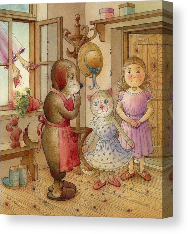 Dog Gurl Cat Fantasy Blue Rose Red Brown Friendship Canvas Print featuring the painting The Dream Cat 19 by Kestutis Kasparavicius