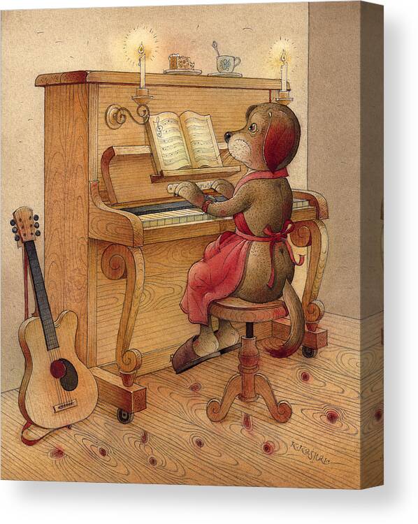 Music Piano Dog Guitar Brown Evening Music Romantic Canvas Print featuring the painting The Dream Cat 21 by Kestutis Kasparavicius