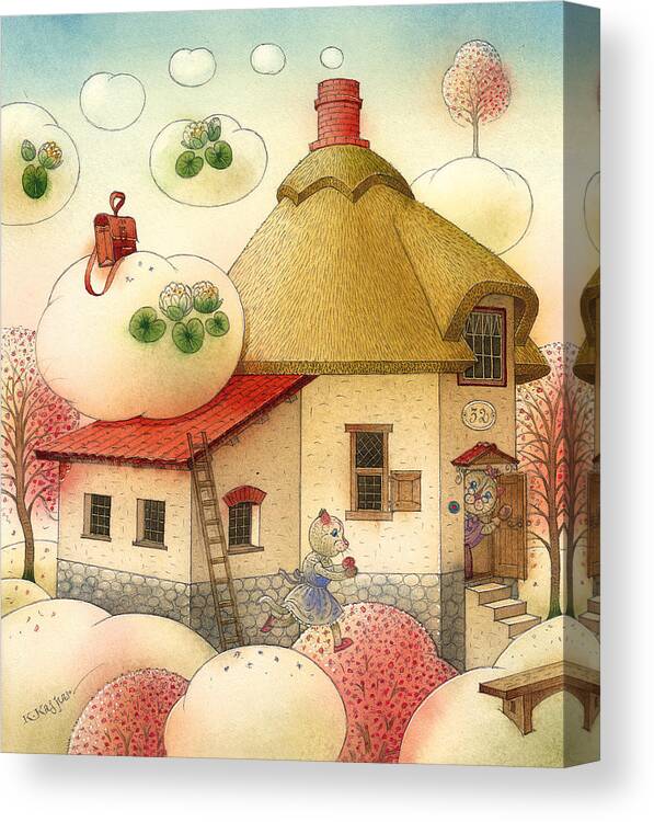Clouds Sky White Blue Cat House Spring Morning Flowers Canvas Print featuring the drawing The Dream Cat 28 by Kestutis Kasparavicius