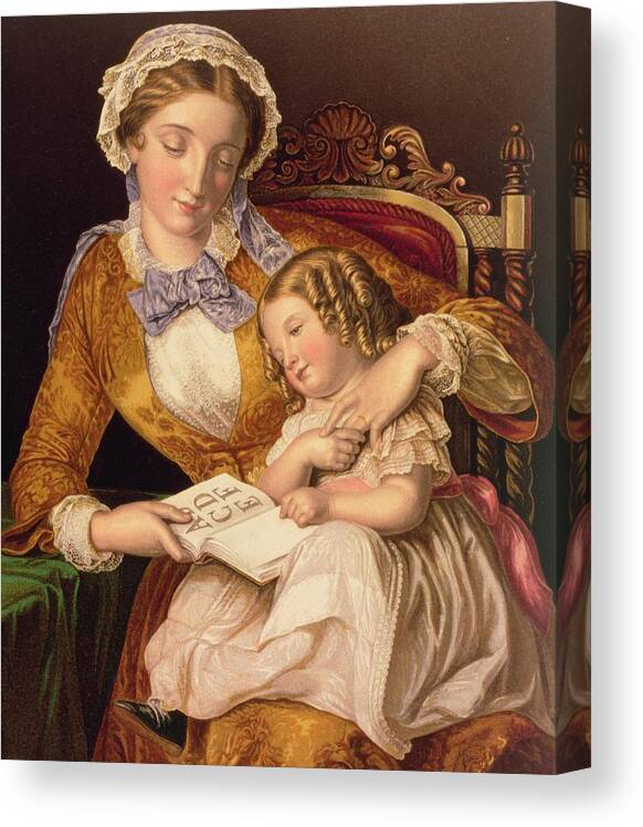 Reading; Mother And Child; Alphabet; Ringlet Canvas Print featuring the painting The First Lesson by Samuel Baruch Halle