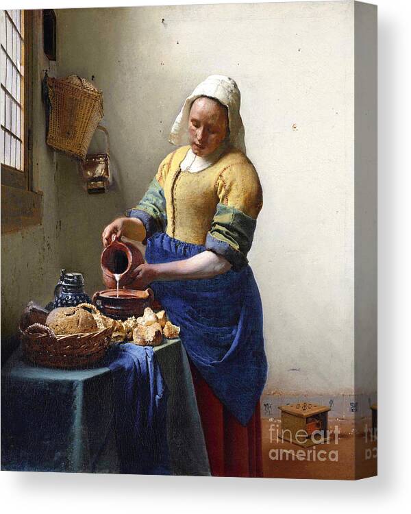 Female Portrait; Kitchen; Scullery; Interior; Bread Basket; Table; Loaf; Bonnet; Servant; Pouring; Milk; Maid; Domestic; Rustic; La Laitiere Canvas Print featuring the painting The Milkmaid by Jan Vermeer