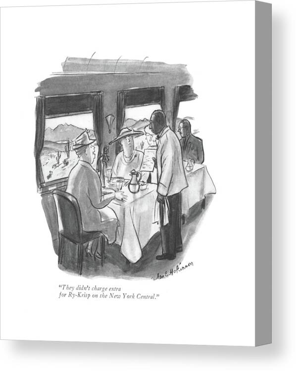 110672 Hho Helen E. Hokinson Woman To Waiter On Train. Cereal Cracker Crackers Diet Diets Expense Expensive Menu Order Rail Railroad Railroads Rails Ride Rye Train Trains Transit Waiter Woman Canvas Print featuring the drawing Extra for Ry-krisp on the New York Central by Helen E Hokinson