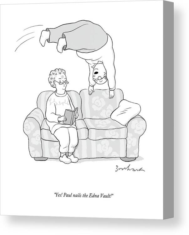 Couch Canvas Print featuring the drawing Yes! Paul Nails The Edna Vault! by David Borchart