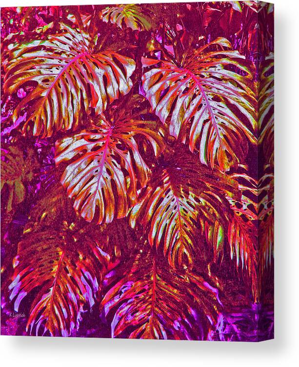 Tropical Canvas Print featuring the digital art Monstera Leaves - Purple and Gold - Digital Artwork by Kerri Ligatich