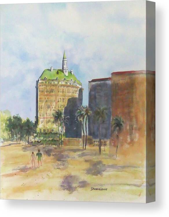 Watercolor Canvas Print featuring the painting Morning Walk by the Villa Riviera by Debbie Lewis