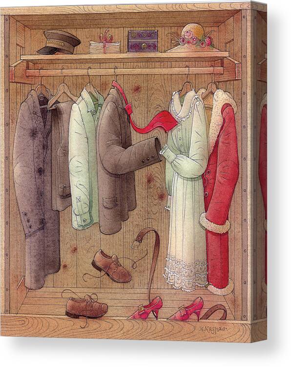 Clothes Love Romance Furniture Brown Canvas Print featuring the painting Romance in the cupboard by Kestutis Kasparavicius