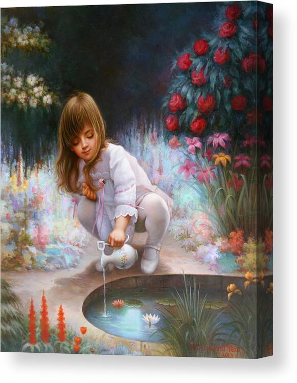 Contemporary Art Canvas Print featuring the painting Pond and girl by Yoo Choong Yeul