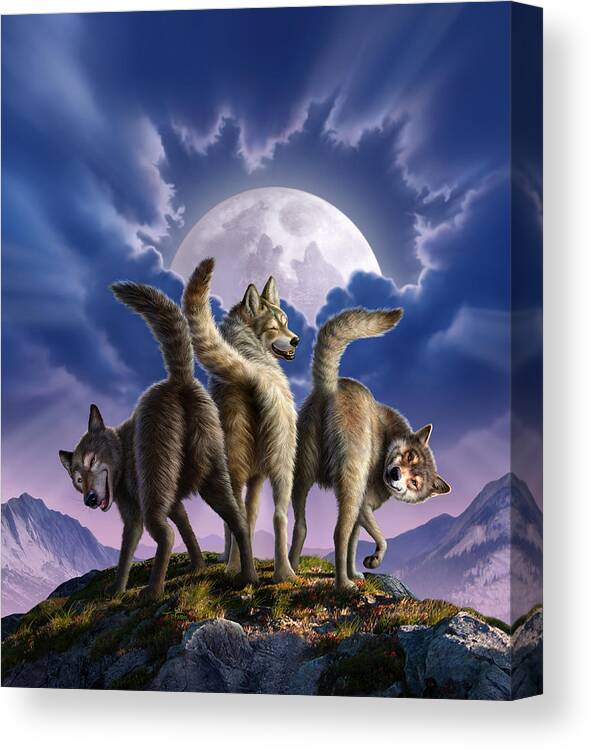 Wolf Canvas Print featuring the digital art 3 Wolves Mooning by Jerry LoFaro