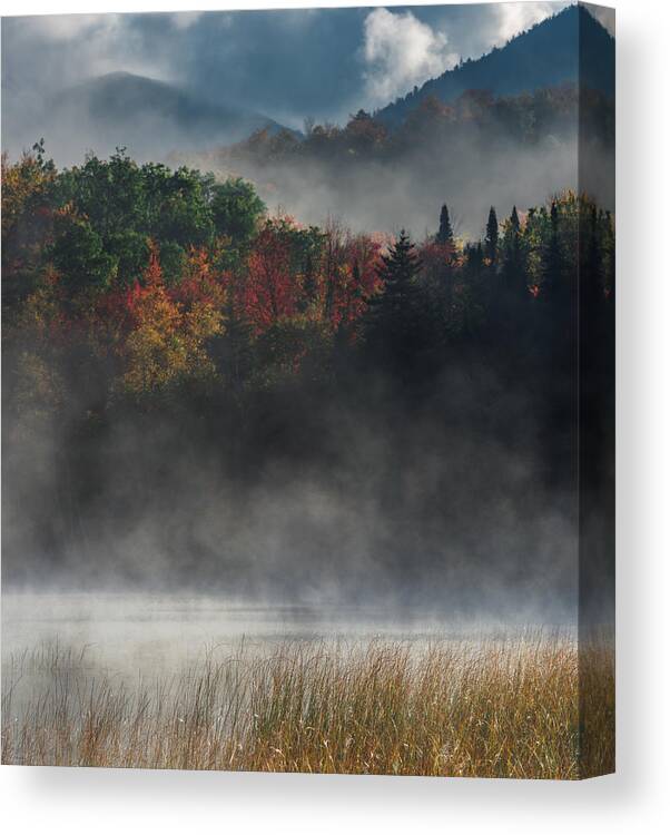 295 Adirondack Misty Morning #1 Adirondacks New York United States Usa Sky Clouds Mist Misty Vertical Square Contemplative Outside Outdoors Water Cloudy Day Fall Color Red Reds Orange Oranges Yellow Yellows Blue Blues Green Greens Tones Vista Vistas Soft Quiet Stillness Fog Foggy Zen Zenlike Serene Meditative Landscape Country Steve Steven Maxx Photography Photo Photographs Canvas Print featuring the photograph Adirondack Misty Morning #1 by Steven Maxx