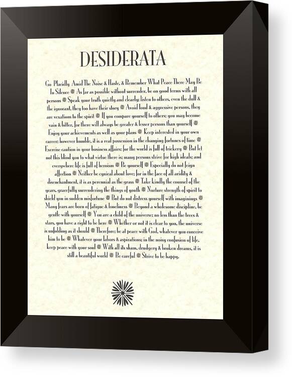 Desiderata Canvas Print featuring the mixed media Black Border Sunburst DESIDERATA Poem by Desiderata Gallery