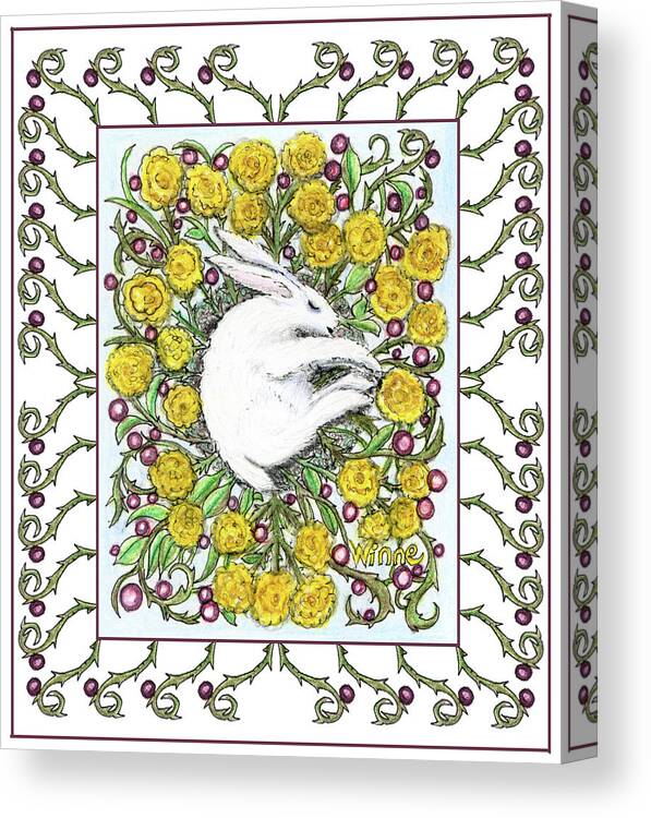 Lise Winne Canvas Print featuring the mixed media Bunny Nest of Yellow Roses and Blueberries by Lise Winne