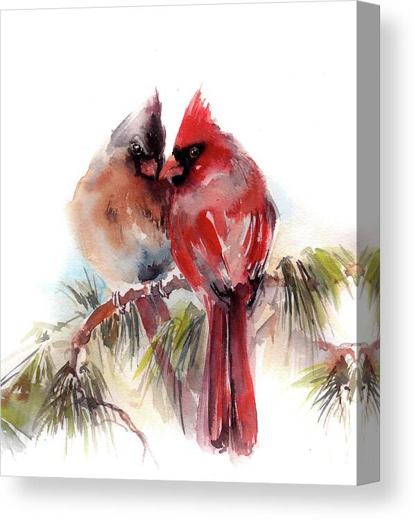 Watercolor Canvas Print featuring the painting Cardinals wateroclor painting by Sophia Rodionov